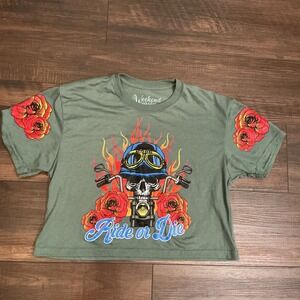 Weekend Warriors Graphic Crop Top Olive Green Ride or Die Skull Rose Small